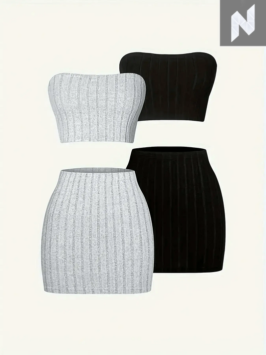 2pcs Sexy Slim Ribbed Skirt Set, Crop Tube Top & Bodycon Mini Skirt Outfits, Women's Clothing - Novo Style - Fashionable