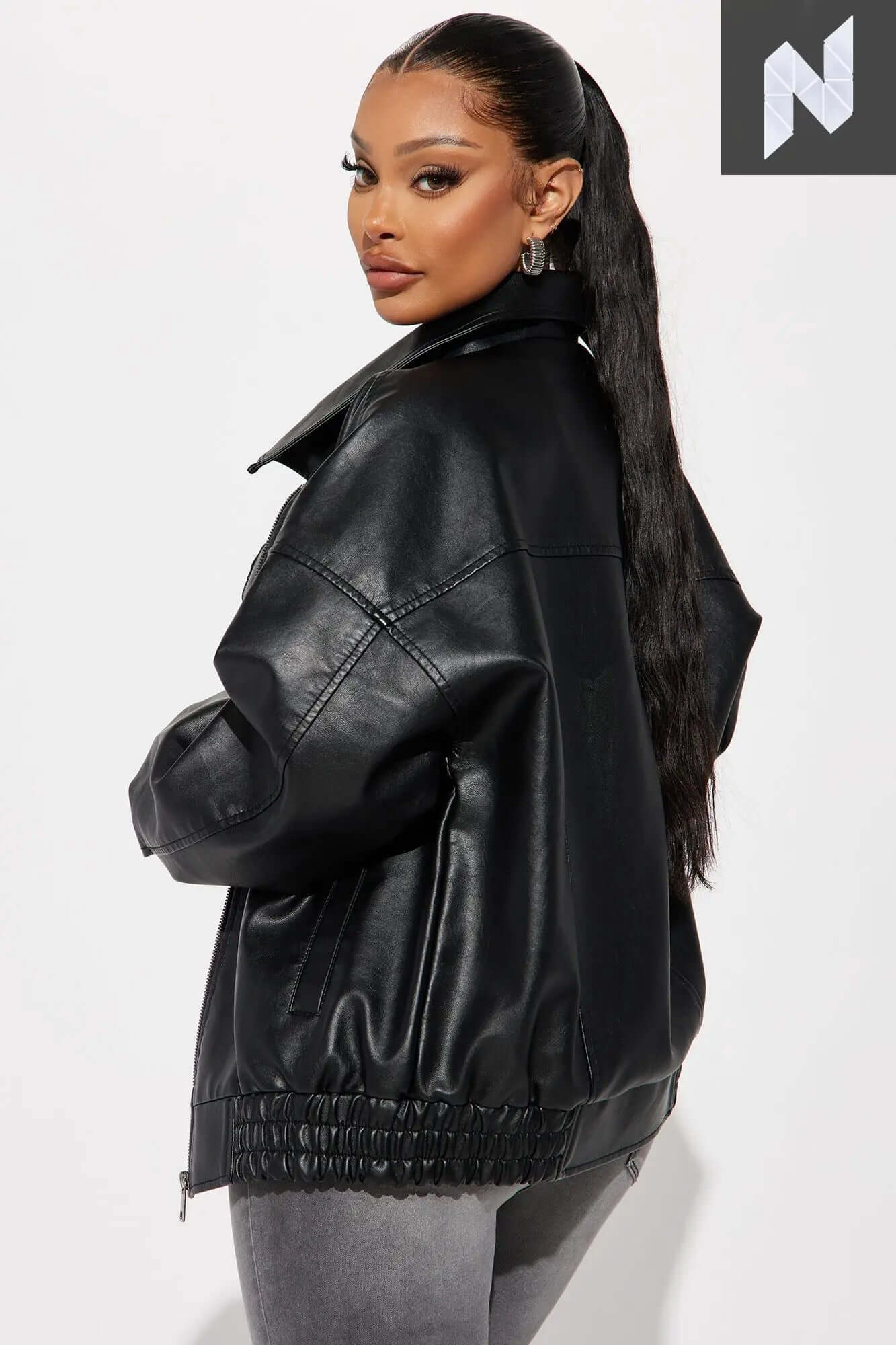 "Chic Black Oversized Faux Leather Jacket" Aubrey Daisyr Store