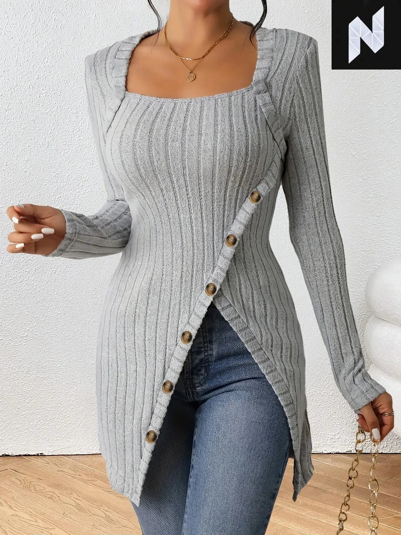 Chic Slimming Ribbed Knit Top with Button Detail - Long Sleeve, Square Neck, Casual Fall/Winter Pullover for Women ZANZEA Official Store