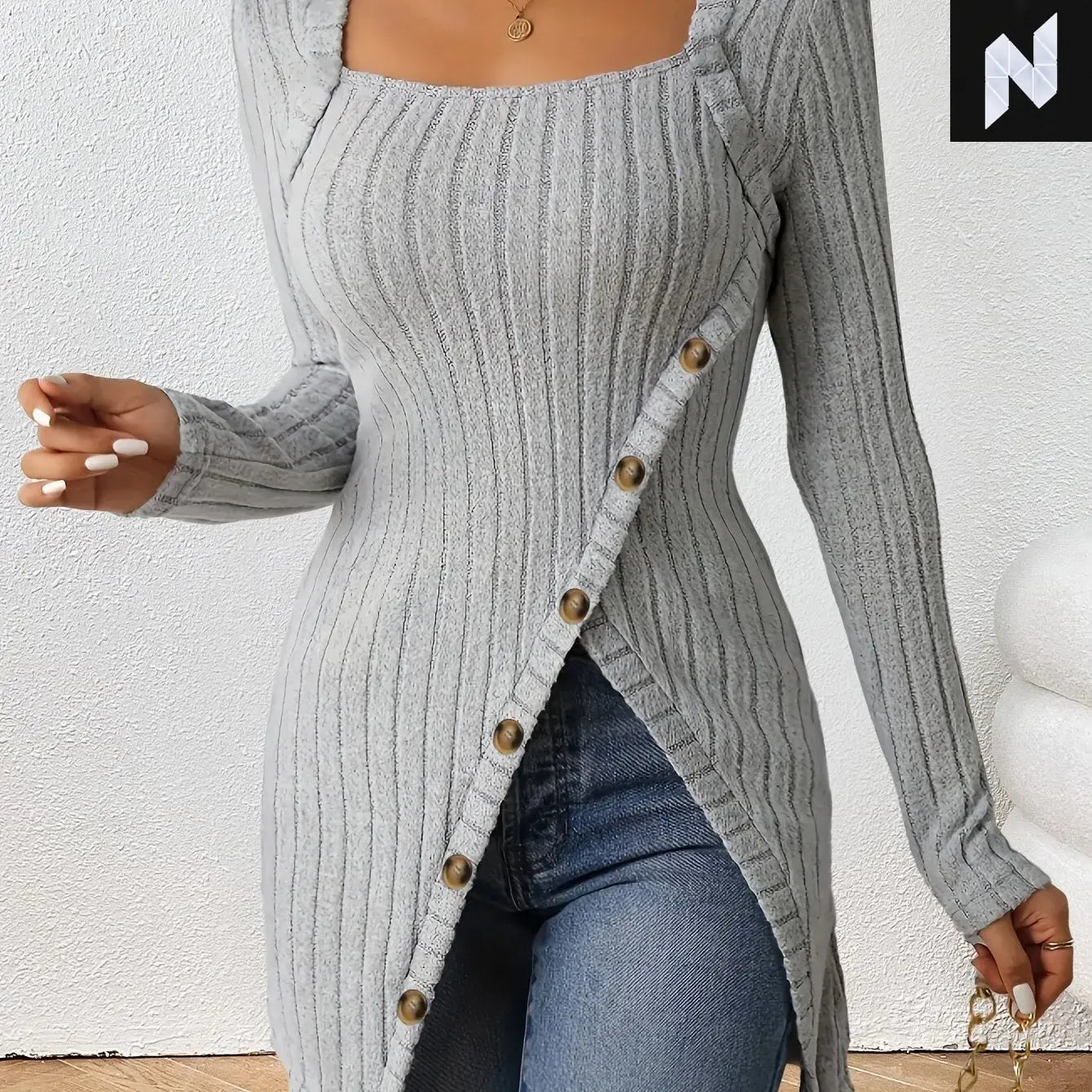 Chic Slimming Ribbed Knit Top with Button Detail - Long Sleeve, Square Neck, Casual Fall/Winter Pullover for Women ZANZEA Official Store