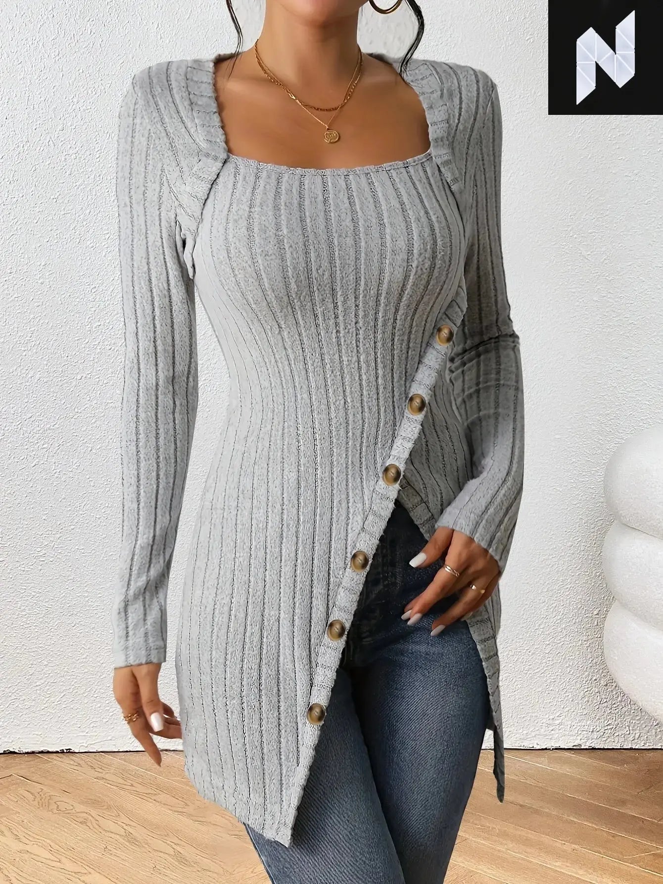 Chic Slimming Ribbed Knit Top with Button Detail - Long Sleeve, Square Neck, Casual Fall/Winter Pullover for Women ZANZEA Official Store