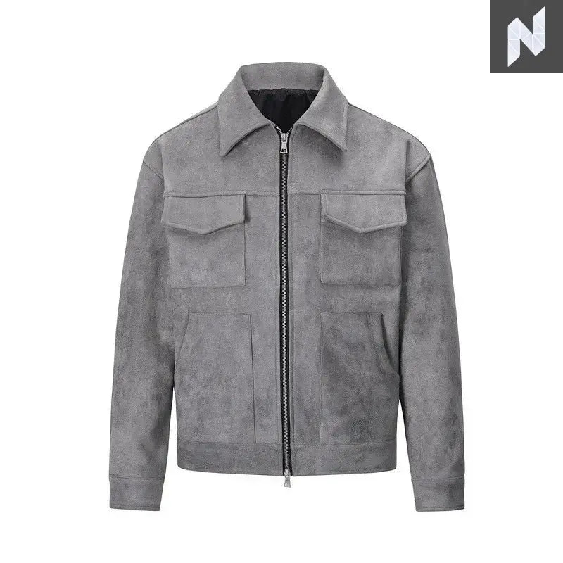 Korean new fashion retro high street casual suede material crock jacket with zipper lapel loose casual short jacket for men y2k - Novo Style