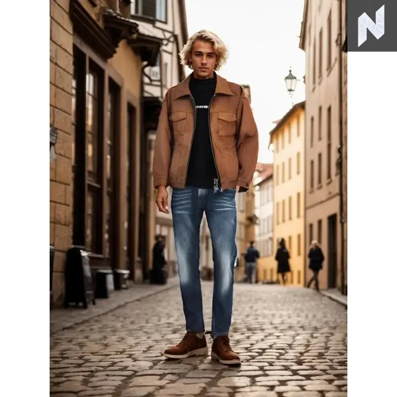 Korean new fashion retro high street casual suede material crock jacket with zipper lapel loose casual short jacket for men y2k - Novo Style