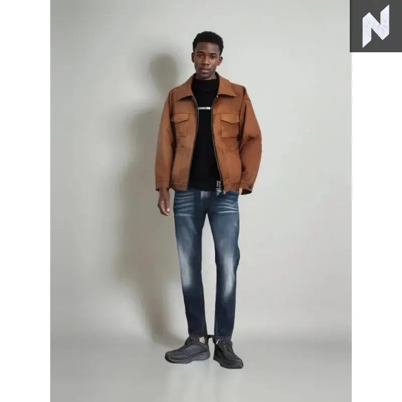 Korean new fashion retro high street casual suede material crock jacket with zipper lapel loose casual short jacket for men y2k - Novo Style