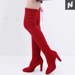 Sexy Party Fashion Suede Leather Shoes Women Over The Knee Heels Boots Stretch Flock Pointed Thick Heel Botas Black Long Boots Shop1103395304 Store