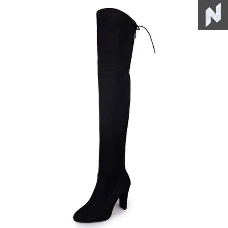 Sexy Party Fashion Suede Leather Shoes Women Over The Knee Heels Boots Stretch Flock Pointed Thick Heel Botas Black Long Boots Shop1103395304 Store