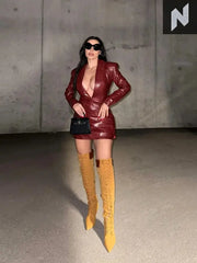 Women Sexy Deep V Red Lattice Leather Mini Dress Fashion Long Sleeve High Waist ... Free-Free Store