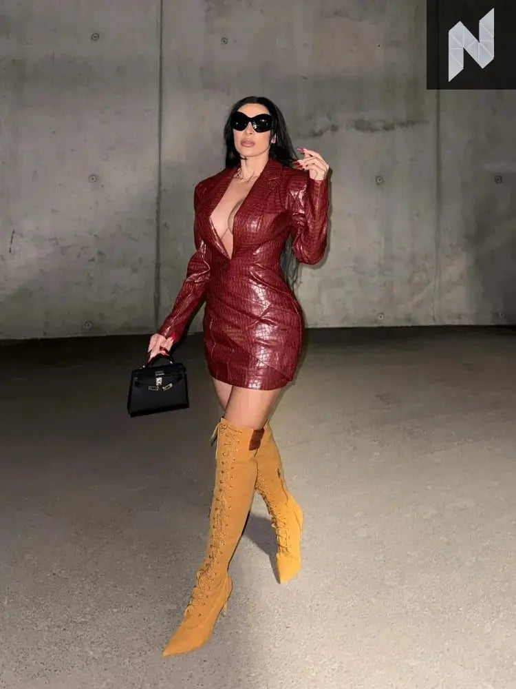 Women Sexy Deep V Red Lattice Leather Mini Dress Fashion Long Sleeve High Waist ... Free-Free Store