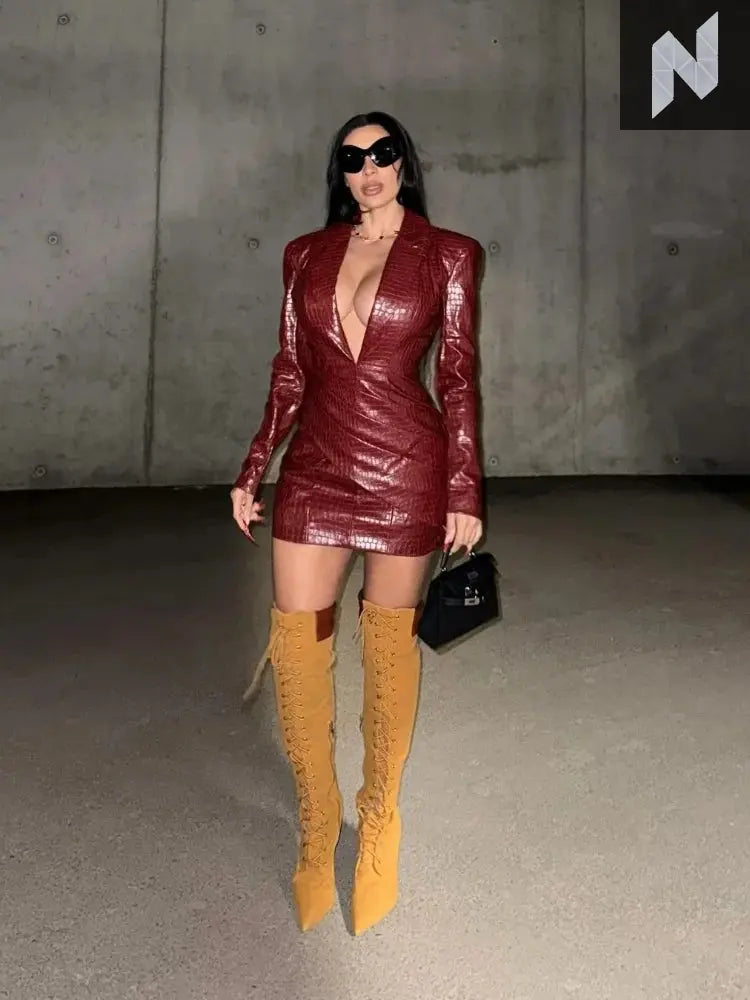 Women Sexy Deep V Red Lattice Leather Mini Dress Fashion Long Sleeve High Waist ... Free-Free Store