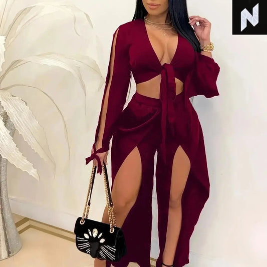 Women's Solid Two - piece Set, Deep V Neck Long Sleeve Crop Top & Split Pants, Women's Clothing - Novo Style - Fashionable